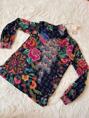 Johnny Was Navy Long Sleeve Top with Multicolor Peacock & Floral Print